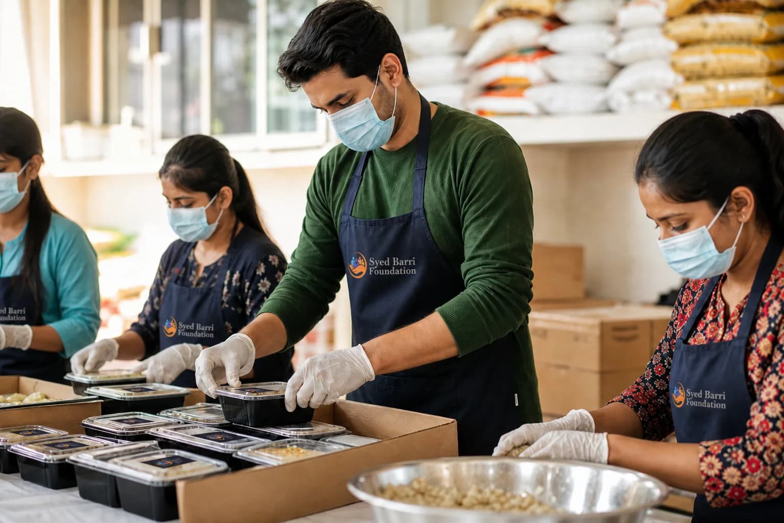 Volunteers wearing Syed Barri Foundation aprons preparing meals