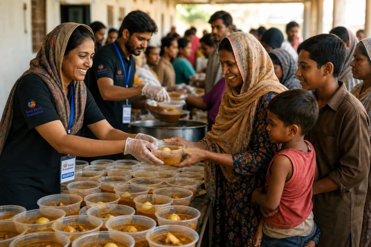 Foundation volunteers with branded shirts distributing meals
