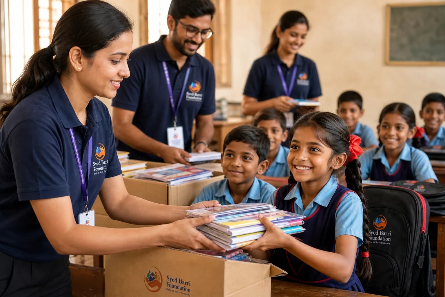 Foundation volunteers wearing logo shirts giving school supplies