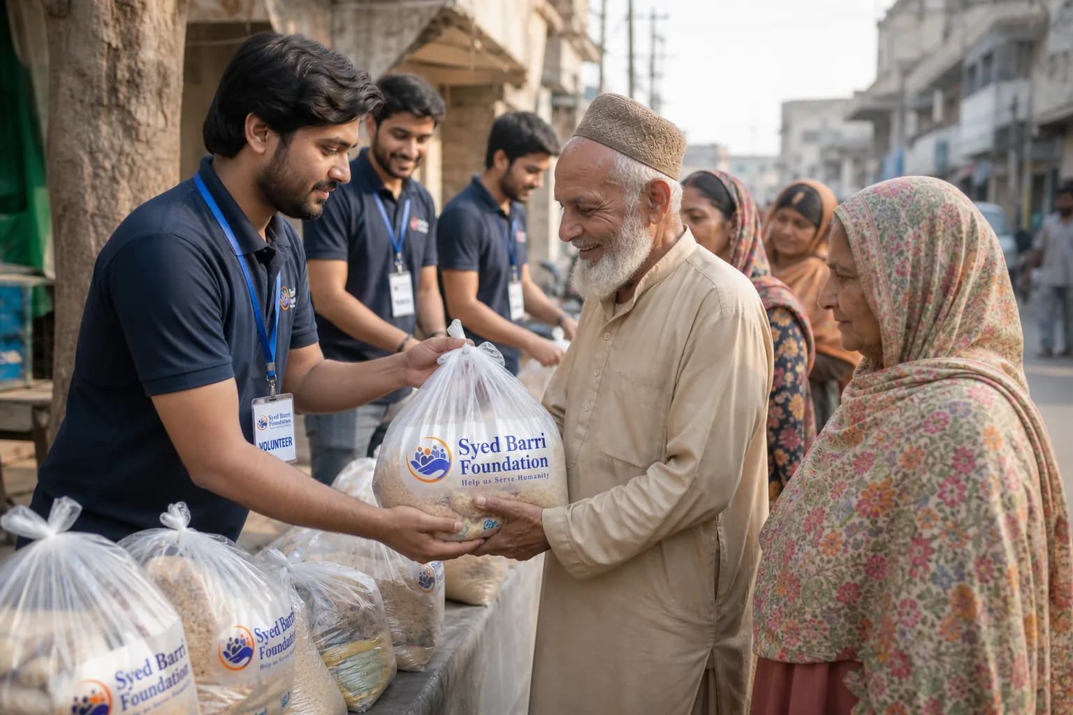 Foundation volunteers with branded badges giving relief bags