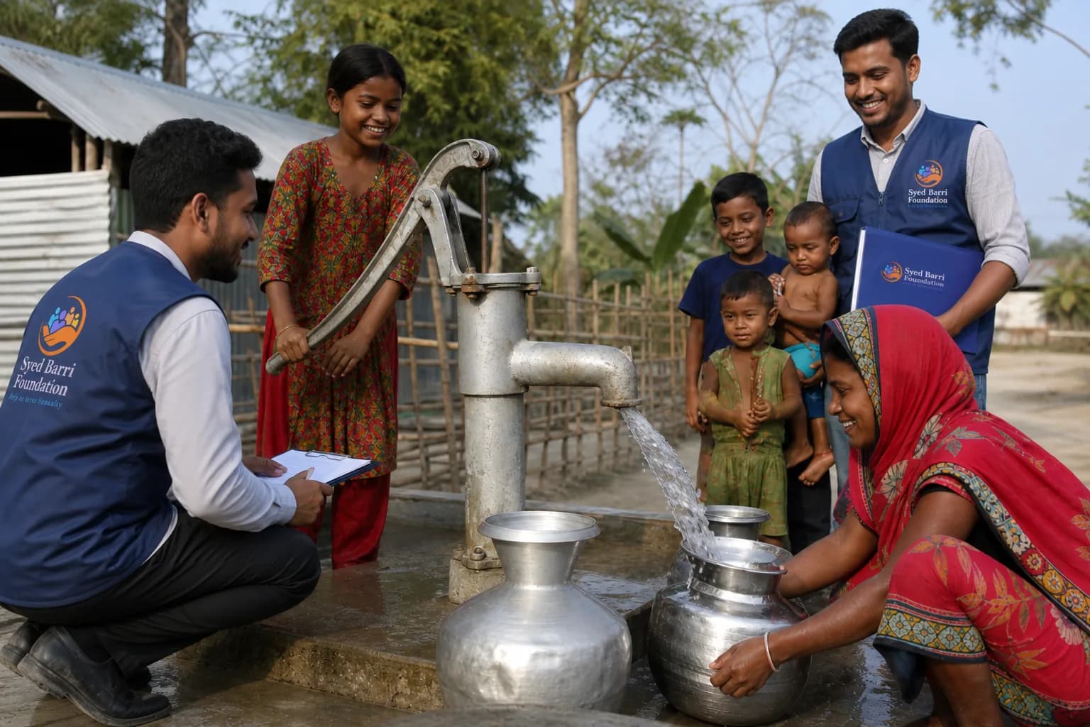 Foundation volunteers wearing branded vests at a water pump project