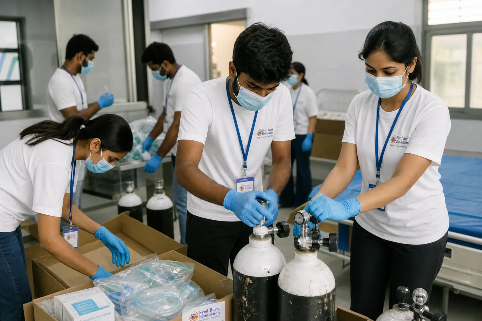 Healthcare volunteers wearing foundation shirts and badges