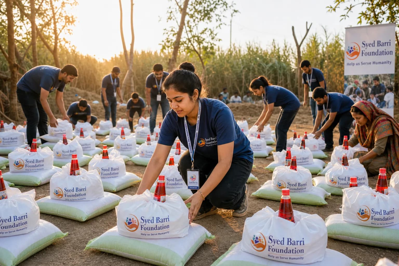 Foundation volunteers arranging branded relief packages outdoors