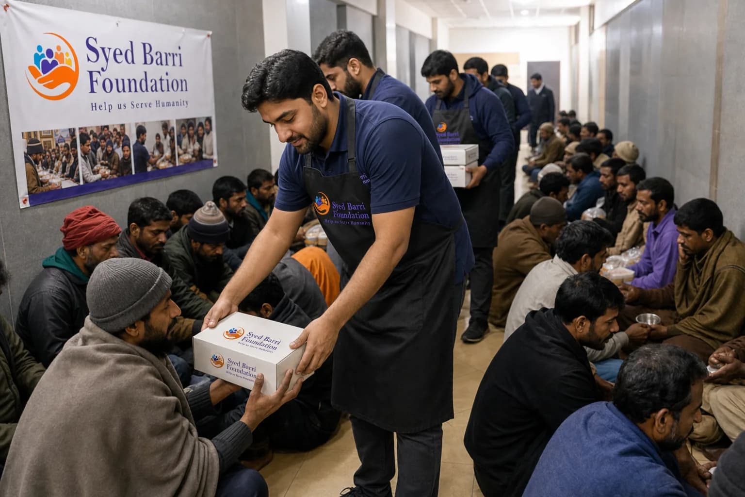Foundation volunteers in branded aprons serving boxed meals