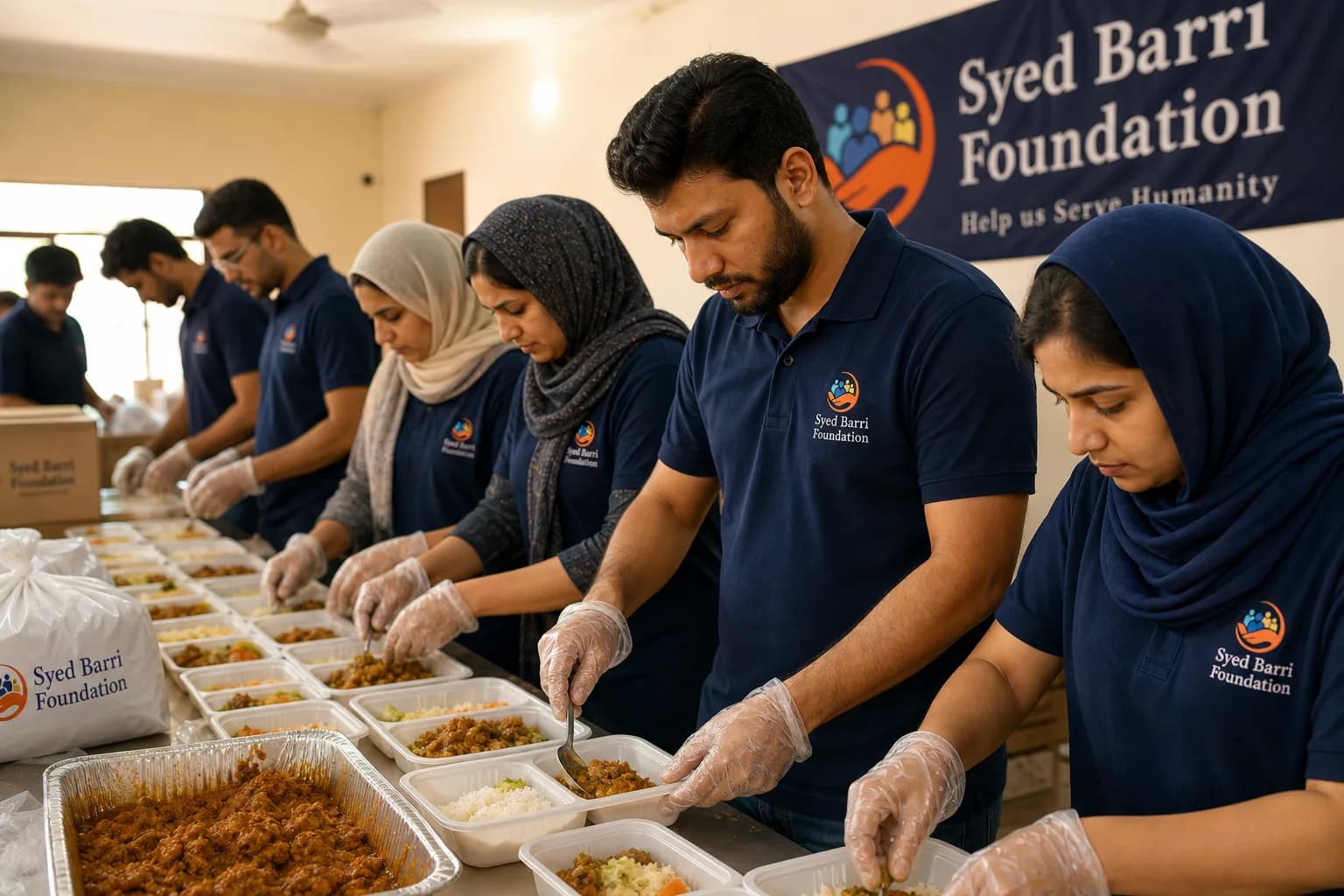 Foundation volunteers wearing branded shirts preparing meal boxes