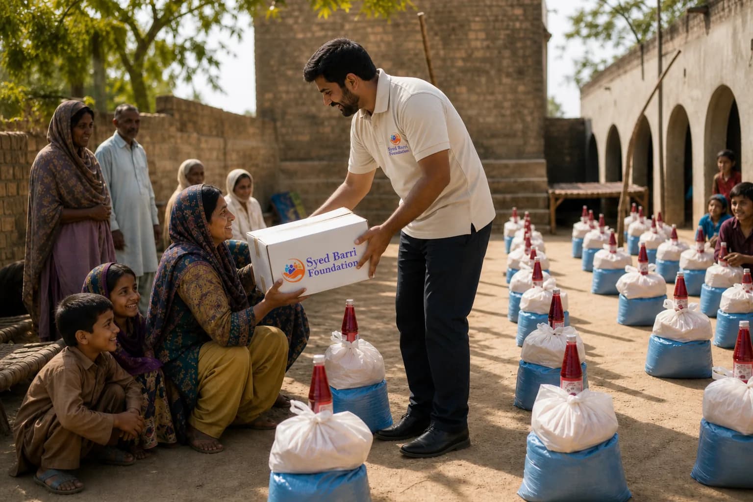 Foundation volunteer delivering branded support box to a family