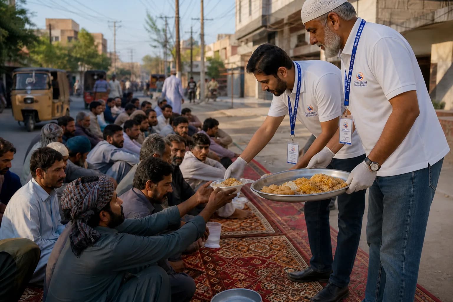 Volunteers wearing foundation badges serving meals with compassion