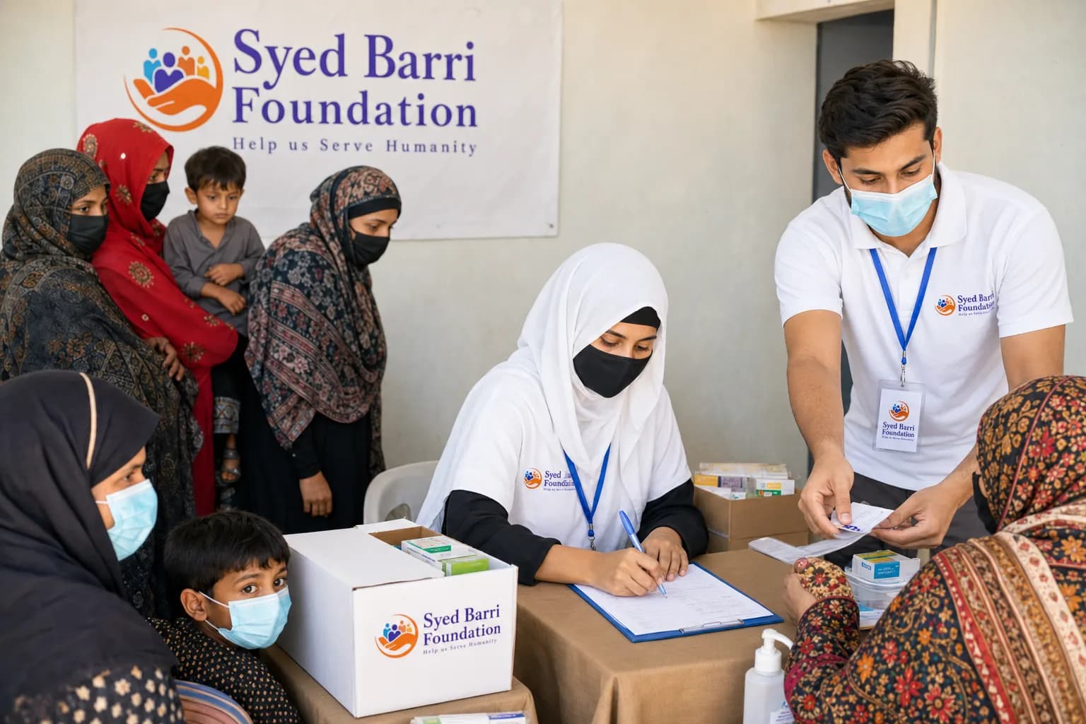 Foundation medical relief volunteers with branded shirts and supplies