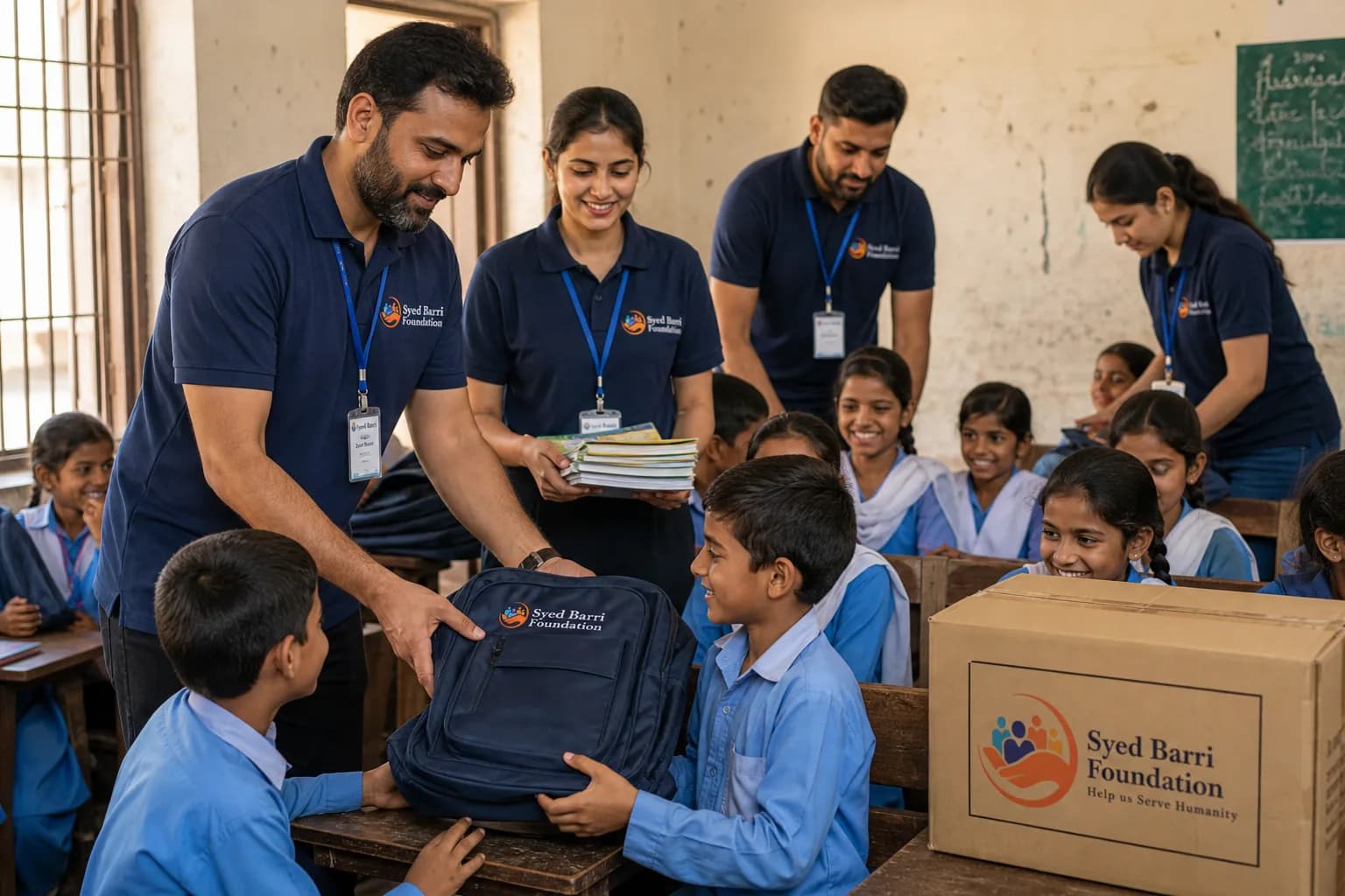Foundation volunteers giving branded backpacks and school supplies