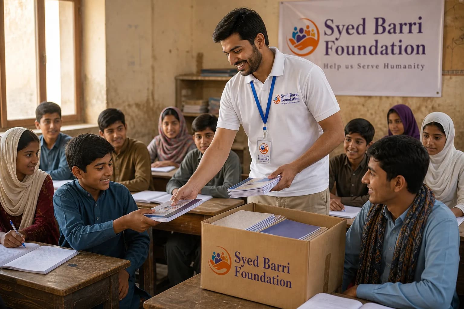 Volunteer wearing foundation branding distributing notebooks in class