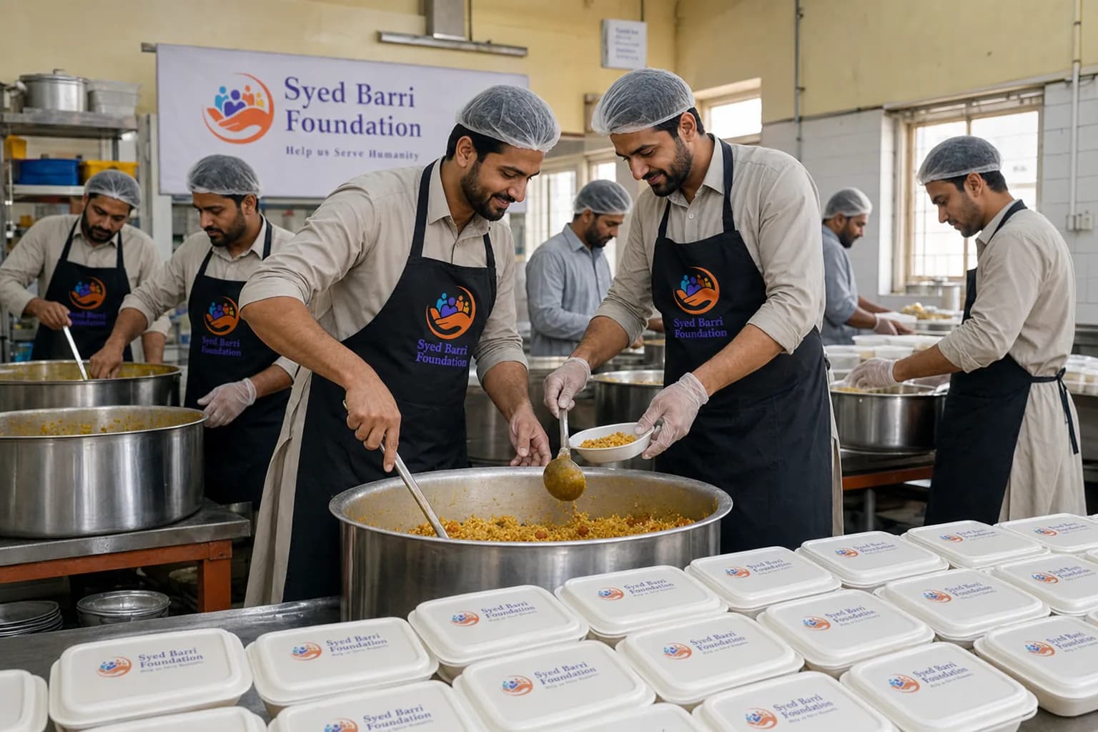 Foundation aprons and meal boxes branded during kitchen preparation