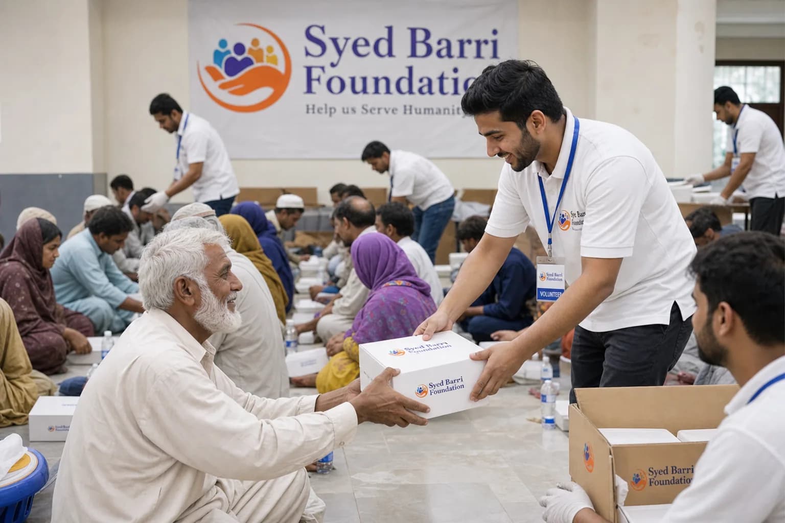 Foundation volunteer serving a branded meal box with dignity