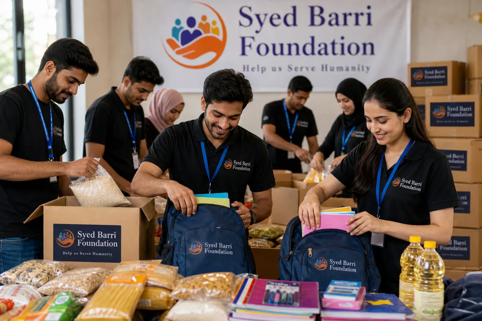 Young foundation volunteers packing branded school and food kits