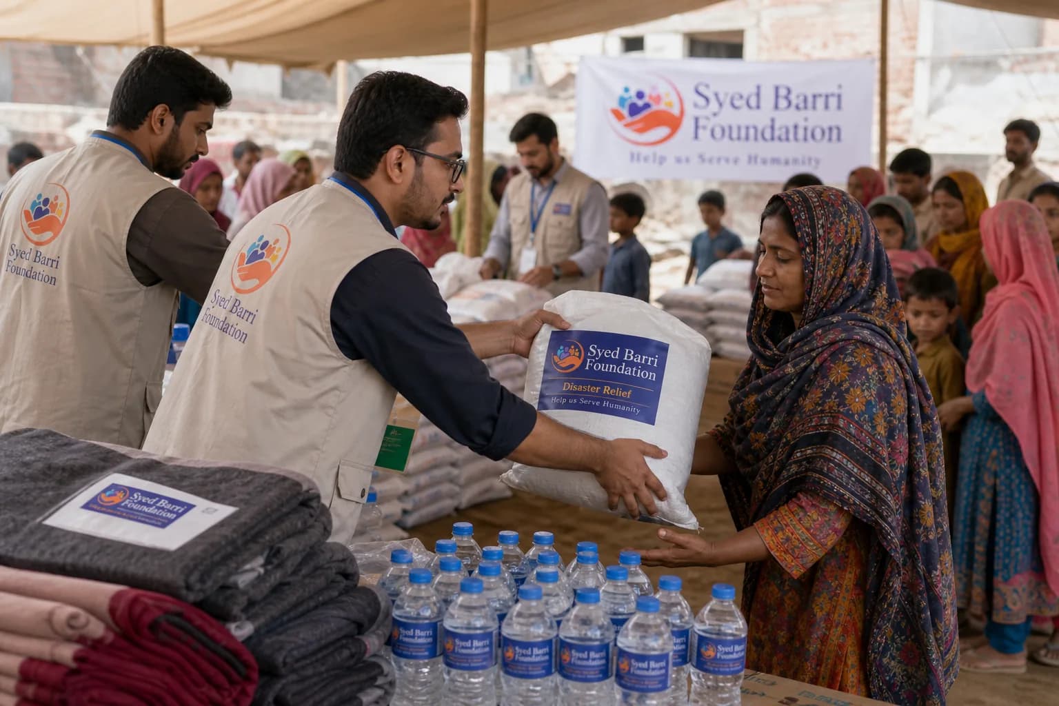 Foundation volunteers distributing branded emergency relief supplies