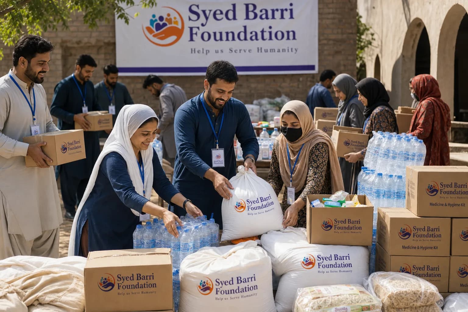 Foundation boxes and relief bags staged with natural branding