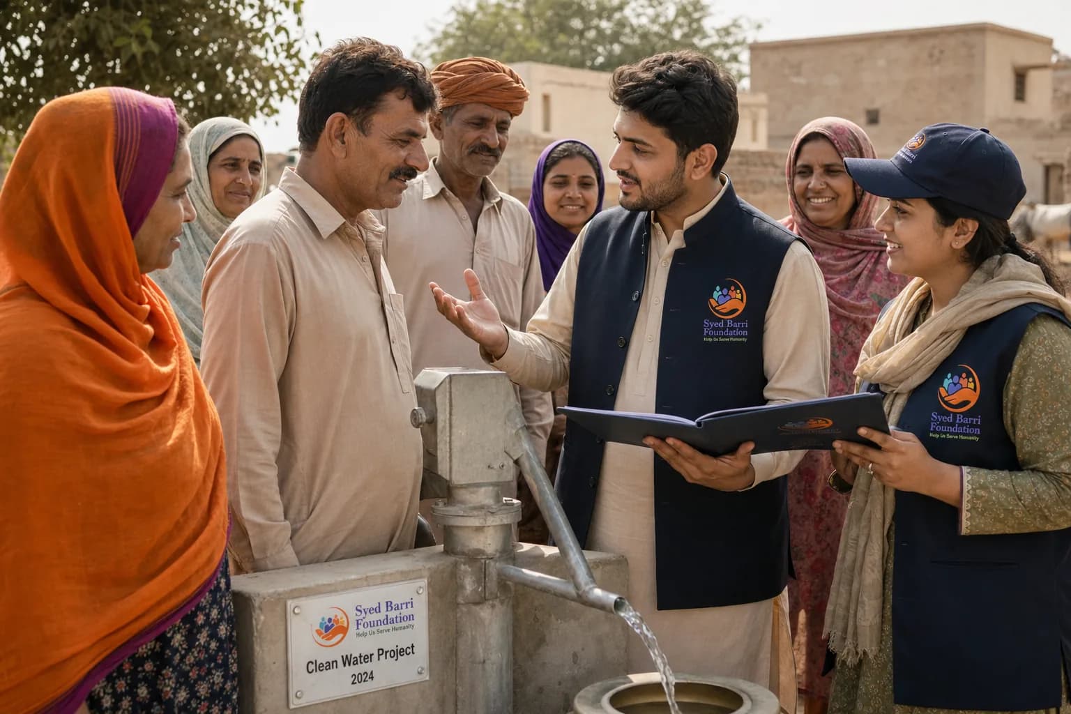 Foundation volunteers at a branded clean water pump project
