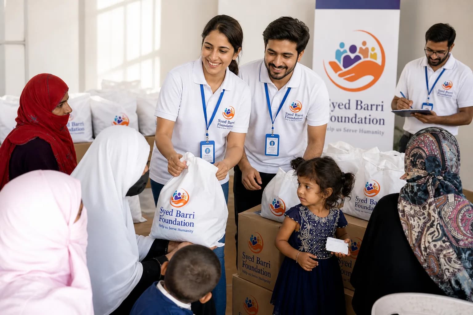 Foundation volunteers distributing branded care bags to families