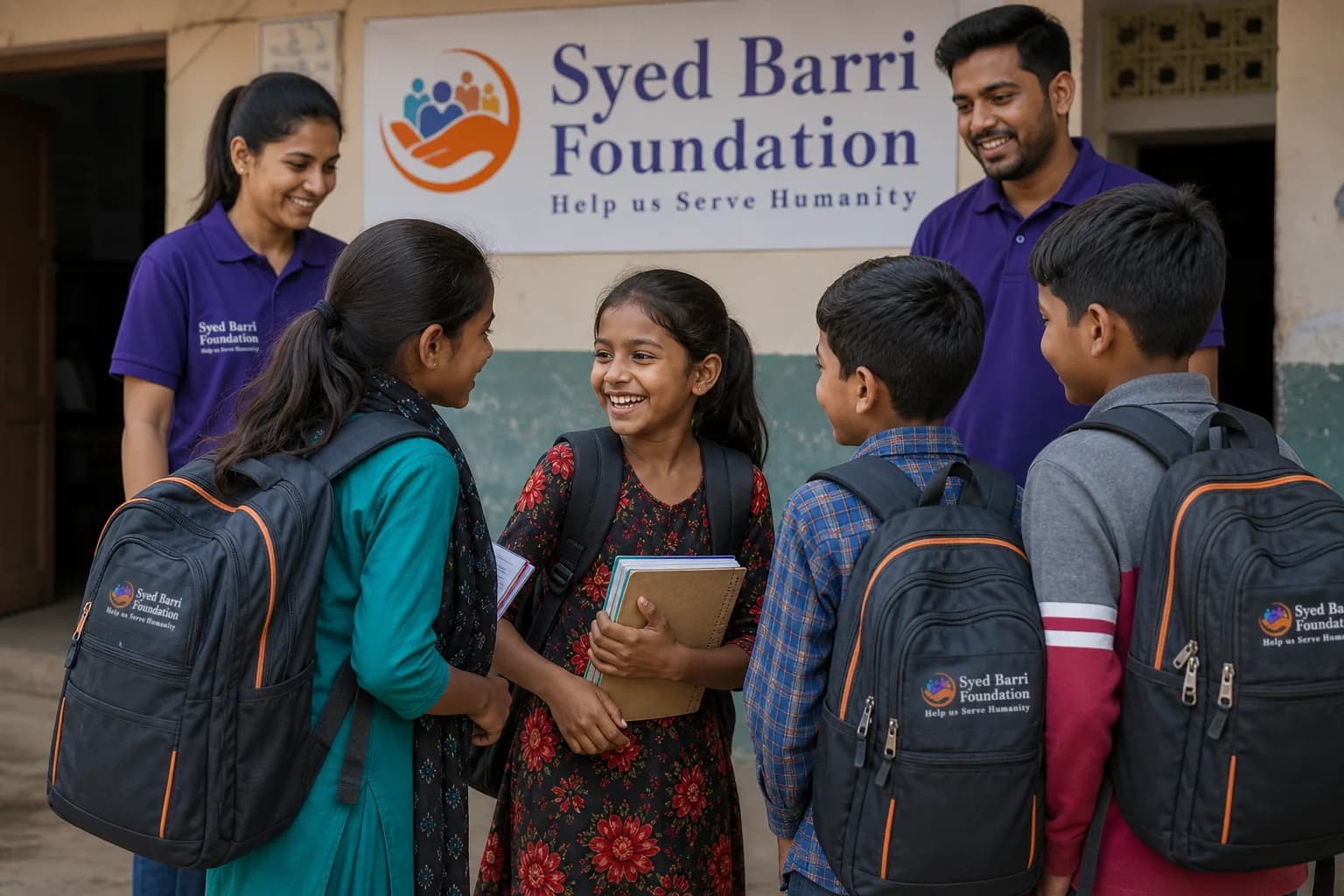 Children with backpacks carrying natural foundation branding