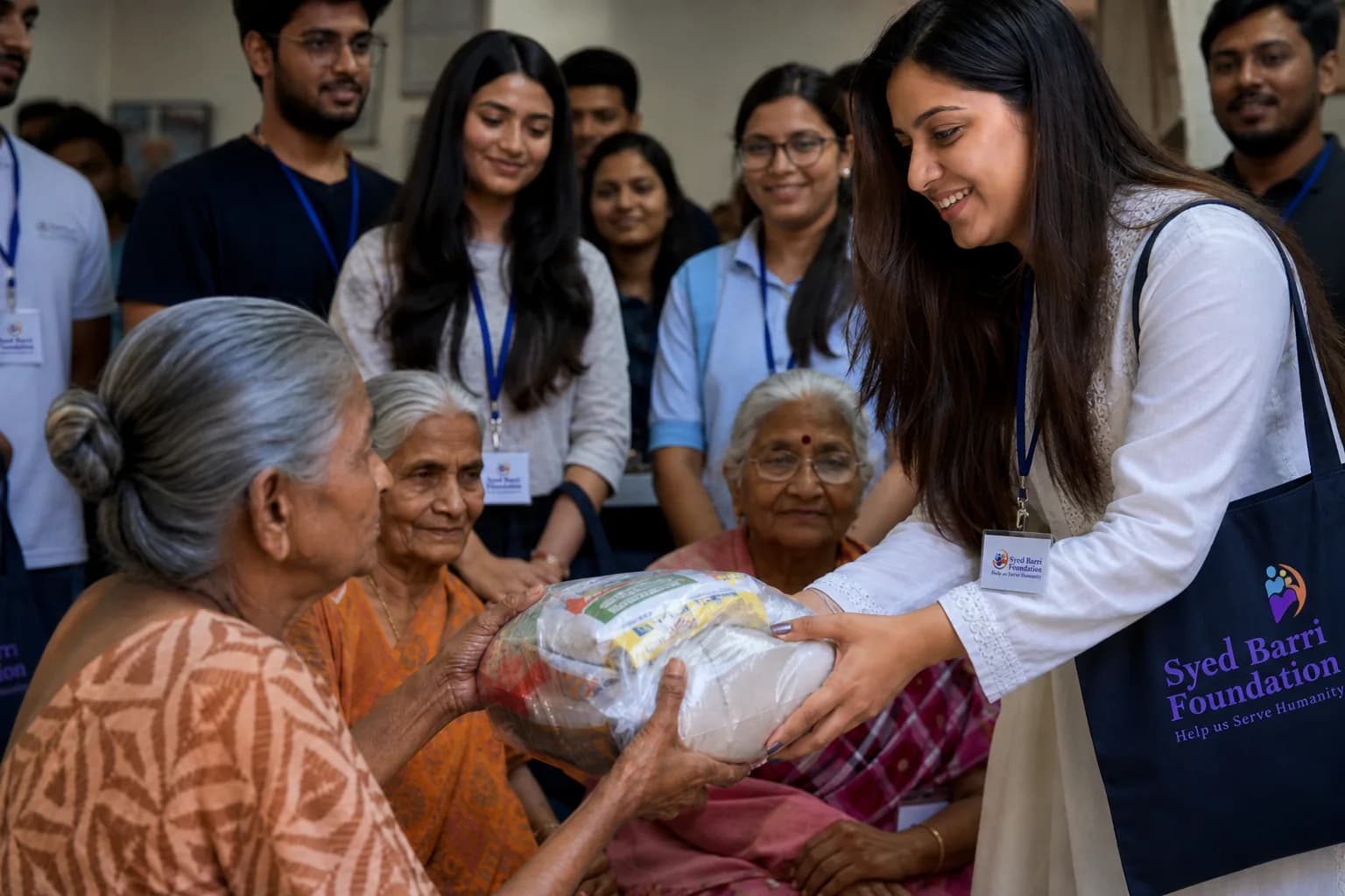 Foundation volunteer with branded tote supporting elderly women
