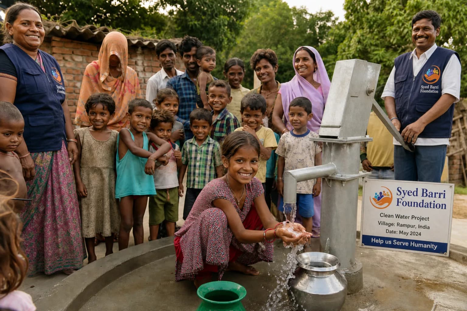 Village water pump project with foundation-branded sign and vests