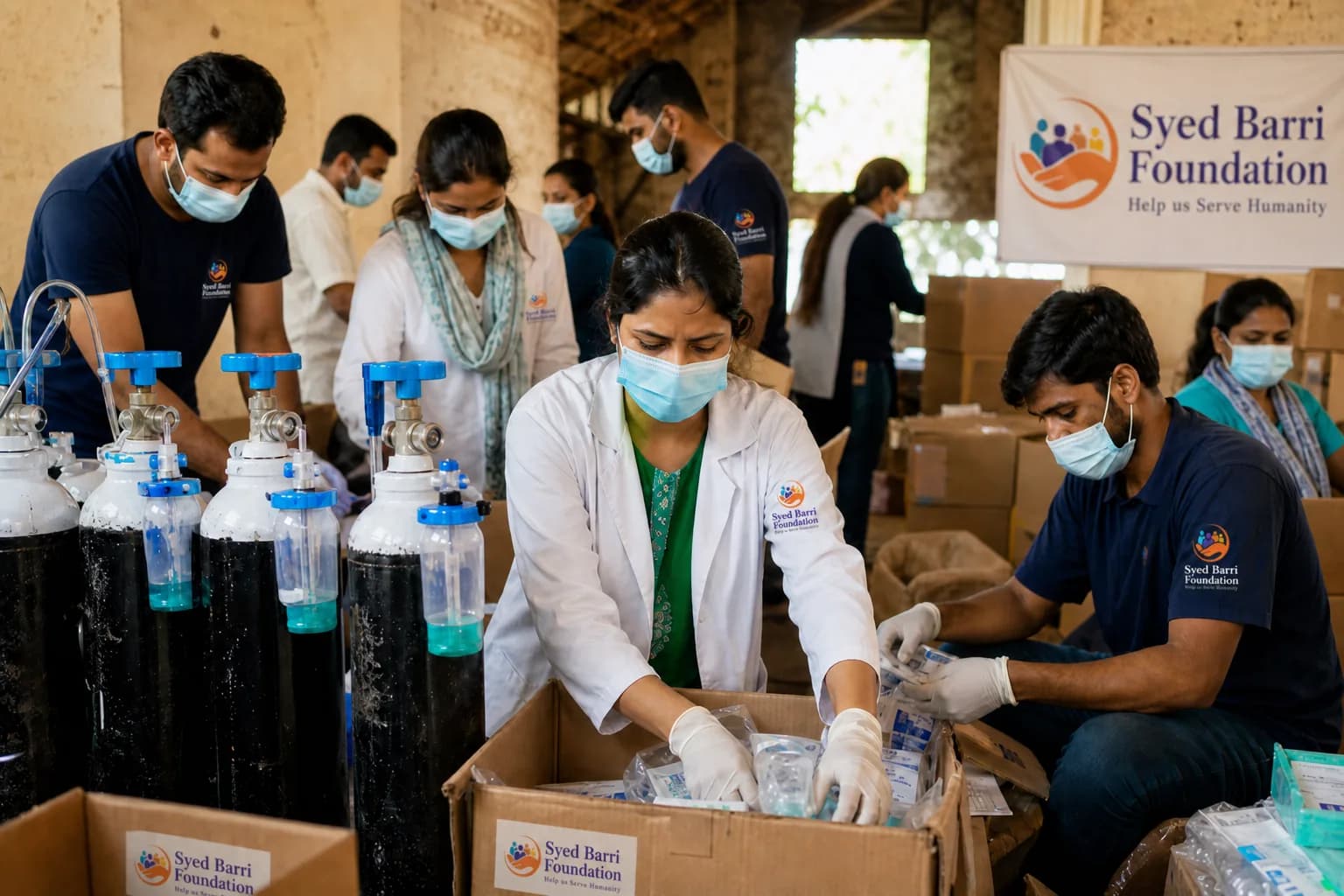 Foundation medical volunteers organizing branded oxygen support supplies