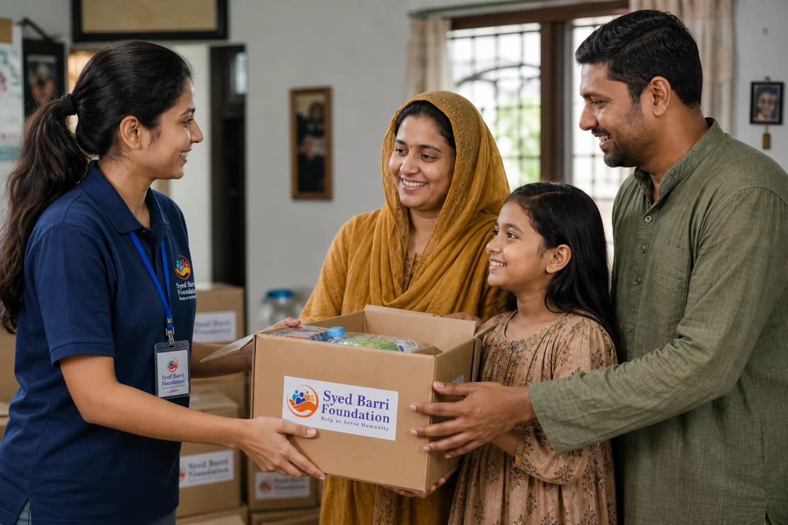 Foundation volunteer delivering branded care box to a family at home