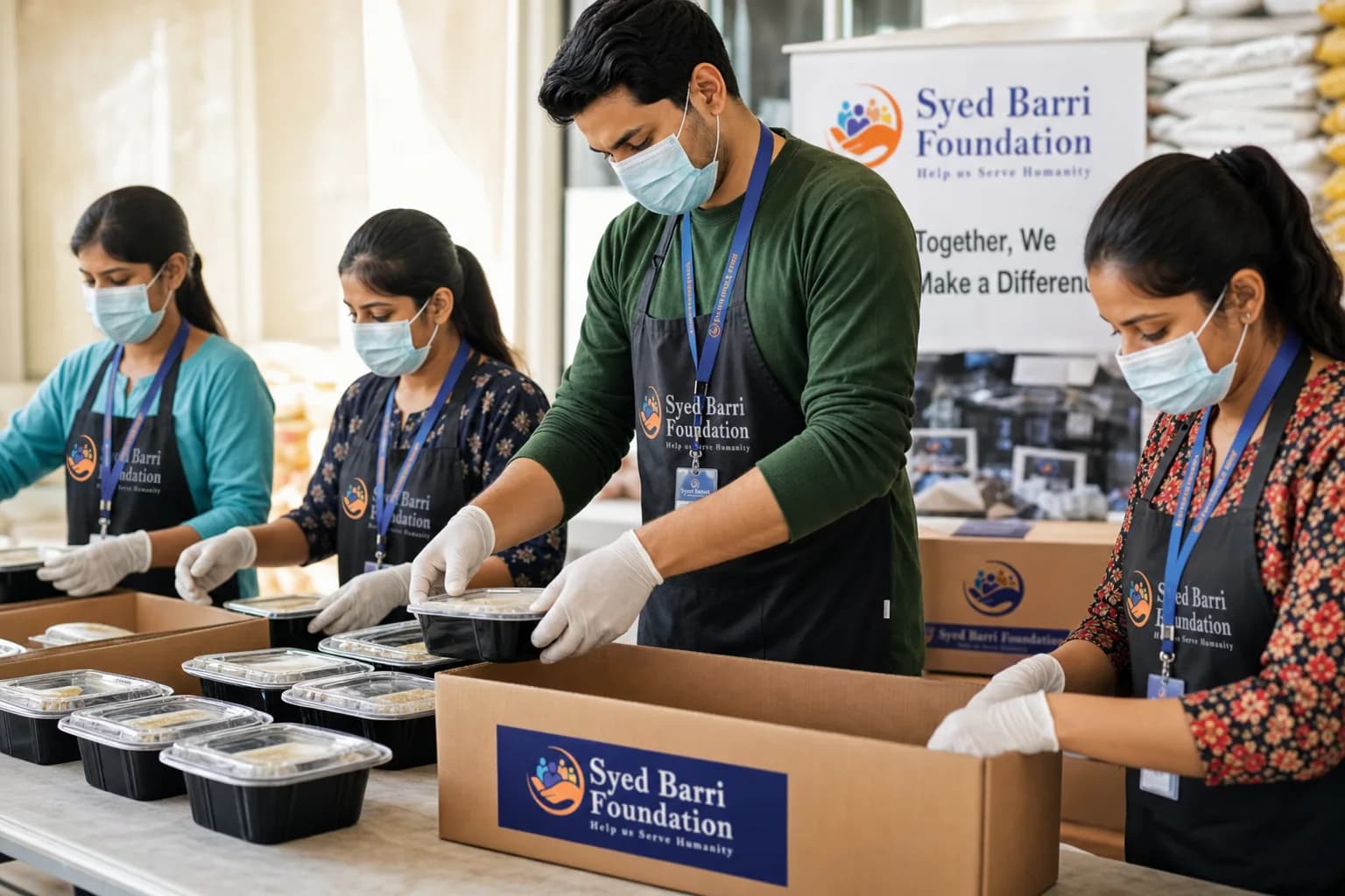 Foundation volunteers packing meals with branded aprons and boxes