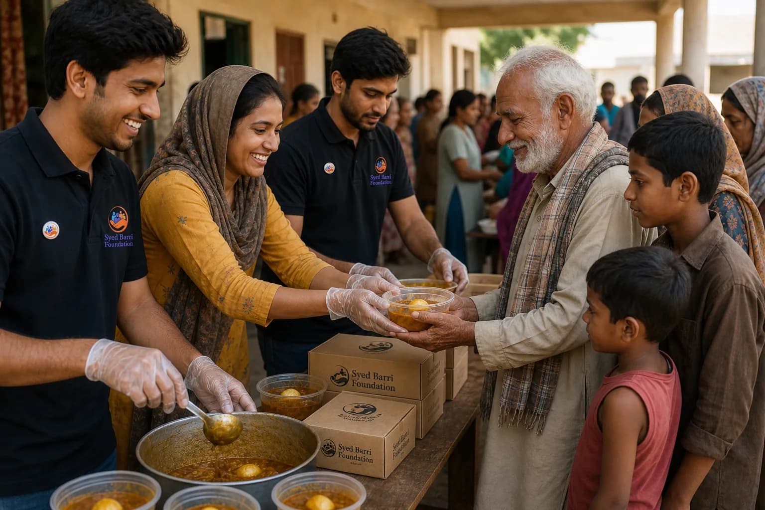 Foundation volunteers serving meals with natural branded pins and boxes