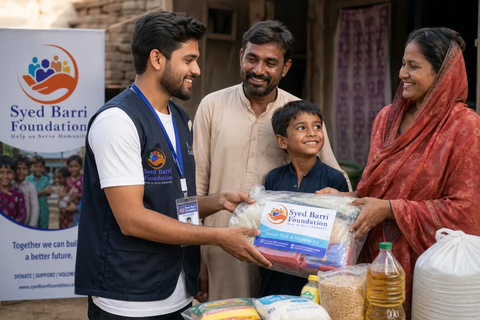 Foundation volunteer handing over a branded ration and hygiene kit