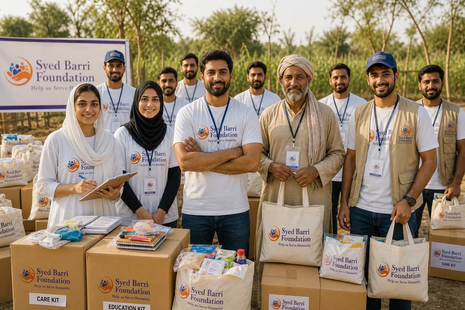 Foundation volunteer team with naturally branded care and education kits