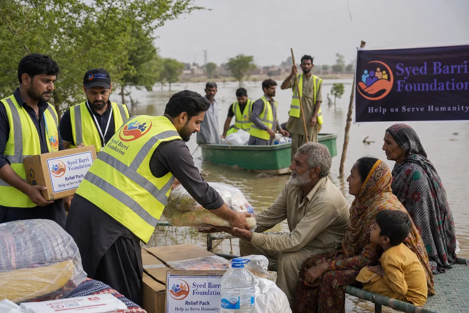 Foundation volunteers providing flood rescue and relief supplies
