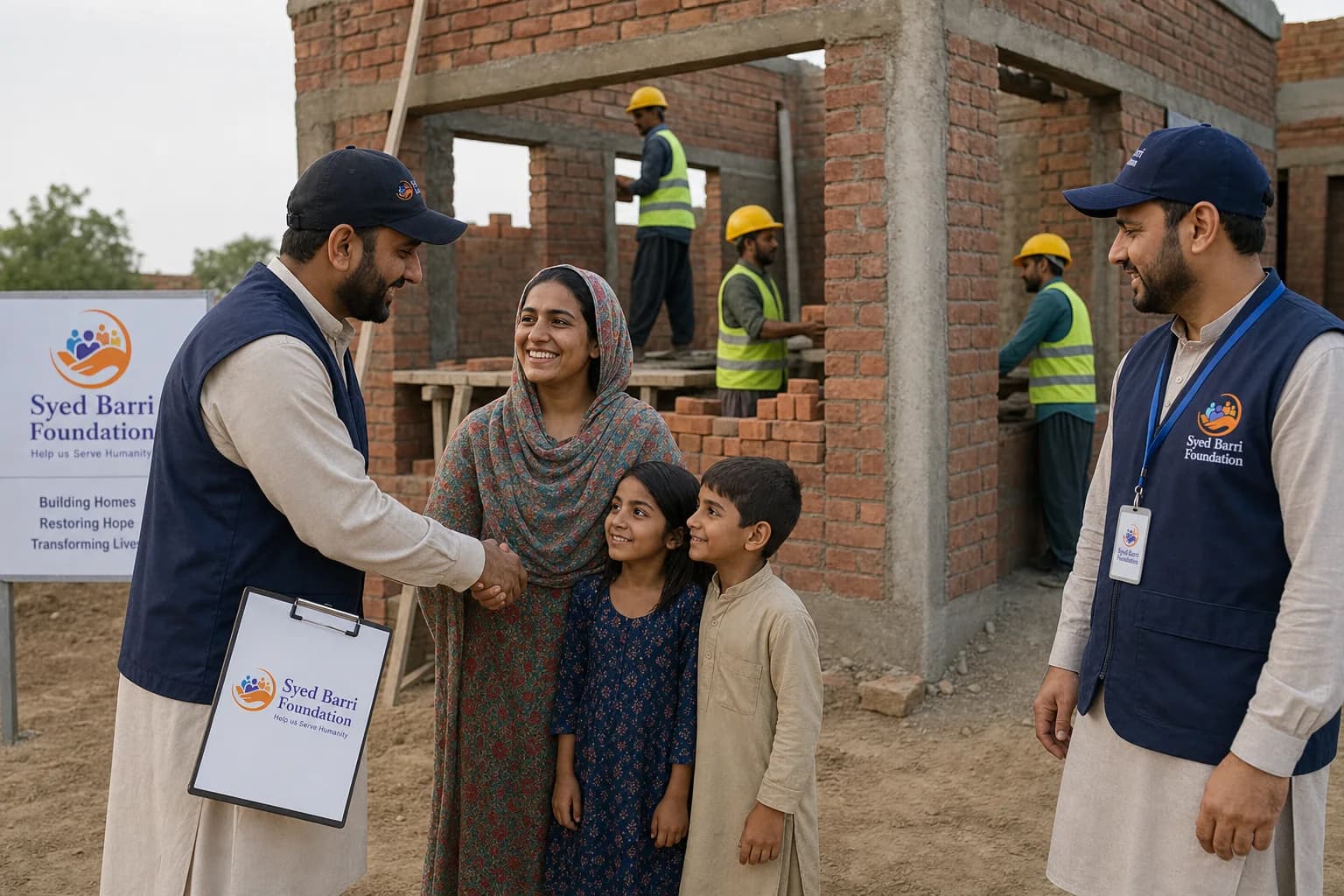 Foundation volunteers supporting home construction for a family