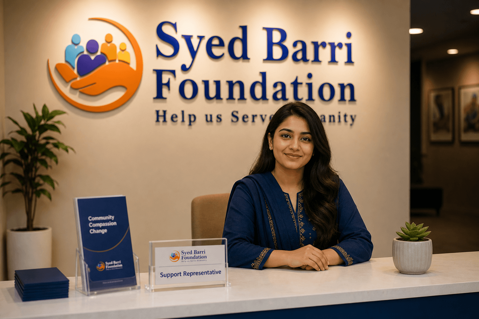 South Asian foundation representative at a support desk with Syed Barri Foundation branding on the wall