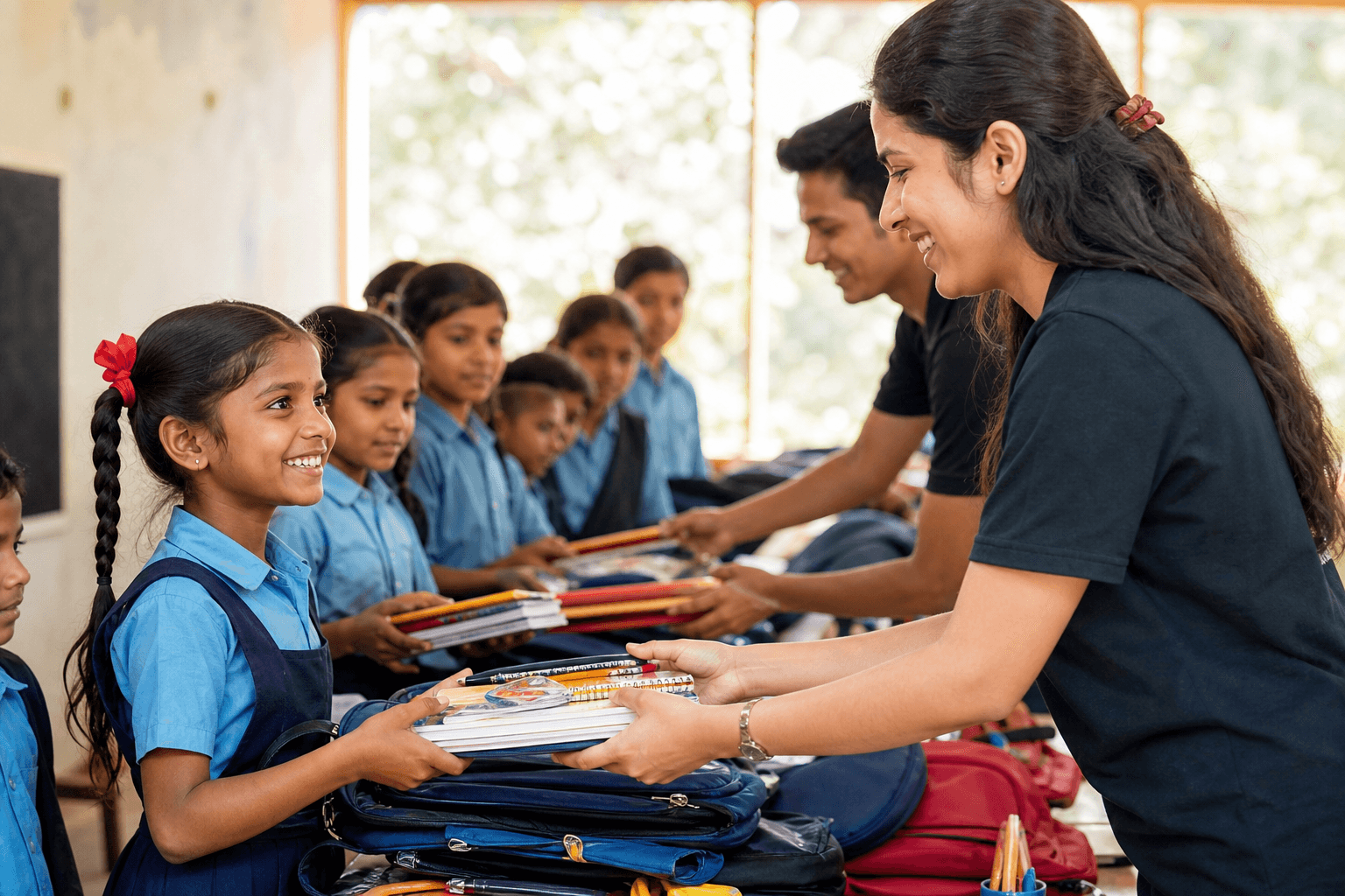 South Asian students receiving education supplies