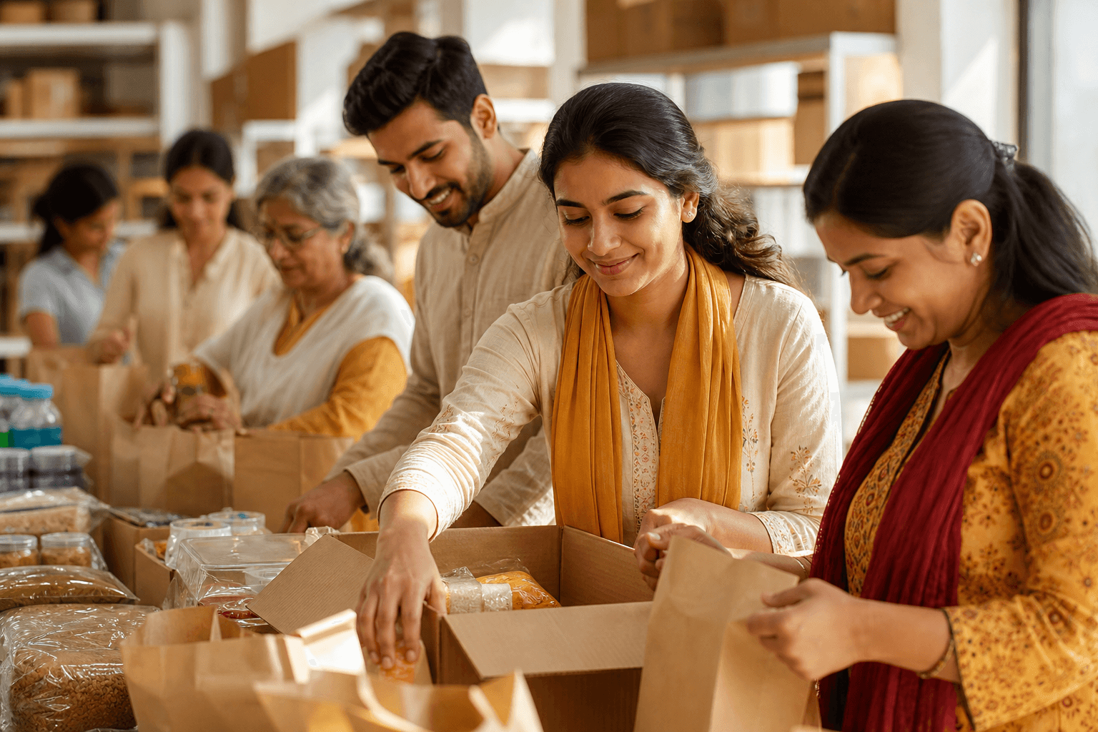 South Asian volunteers preparing care packages for families