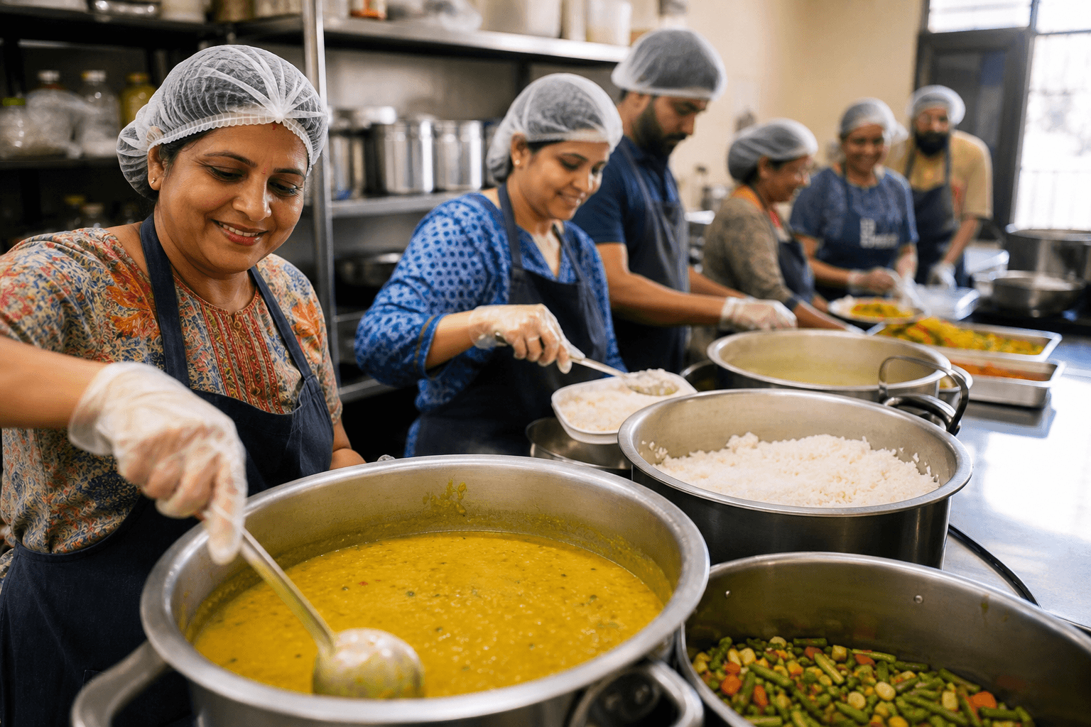 South Asian volunteers preparing meals for community support